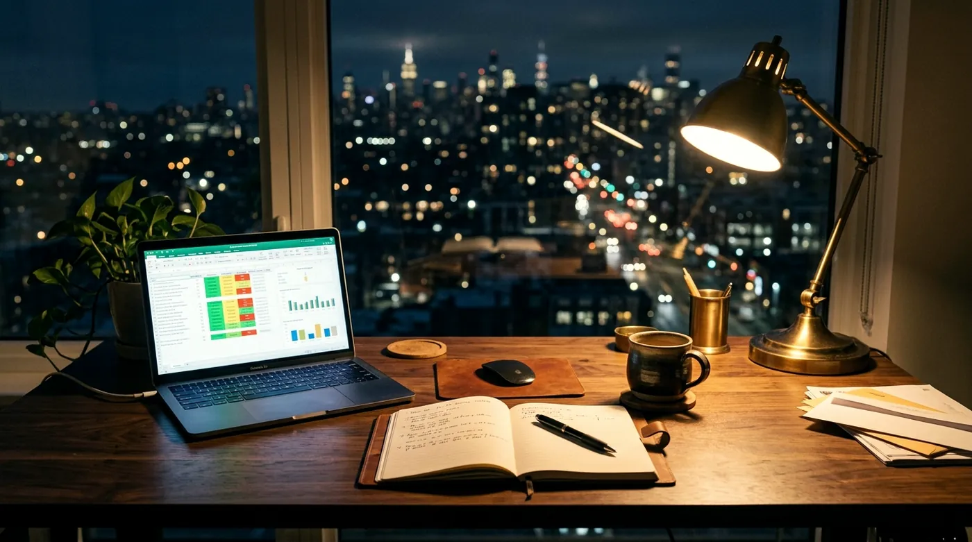 Owner-operator desk at night with a laptop dashboard