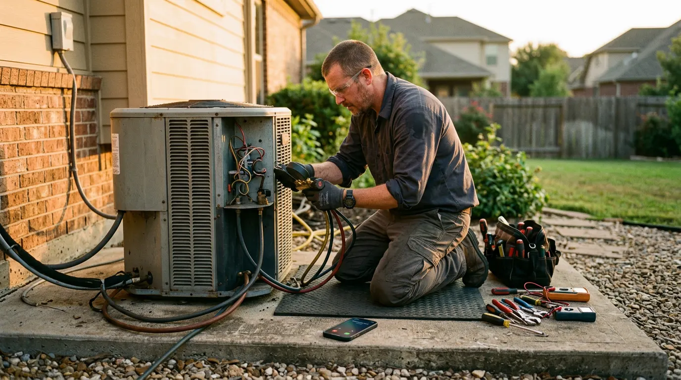 HVAC technician working on an outdoor condenser in late-afternoon light, his phone lying on the pad beside him