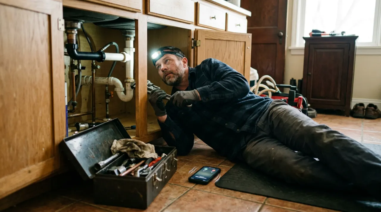 Plumber working under a kitchen sink while his phone sits on the floor