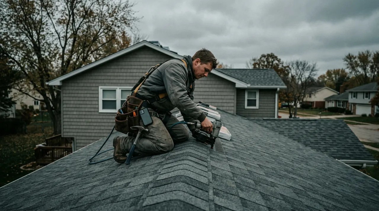 Roofer working on a shingle roof under a cloudy sky